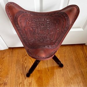Vintage Handcrafted Mexican Leather Saddle Seat Folding Tripod Camping Stool